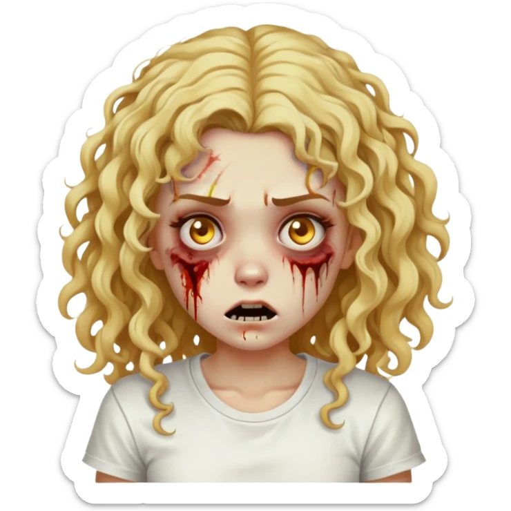 Zombie girl, curly long hair with golden locks, with bruises on her face, wearing a white t-shirt sticker