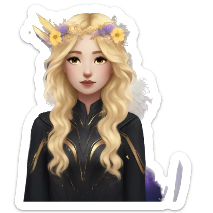 Ethereal galaxy constellation girl blonde hair angel raven wings black wings, gold arrow, nebula, flower crown sticker