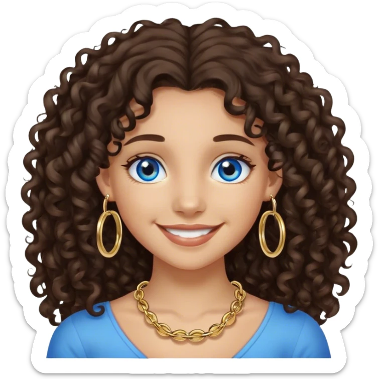 Girl with long dark brown curly hair and blue eyes with medium skin and small gold hoops smiling  sticker