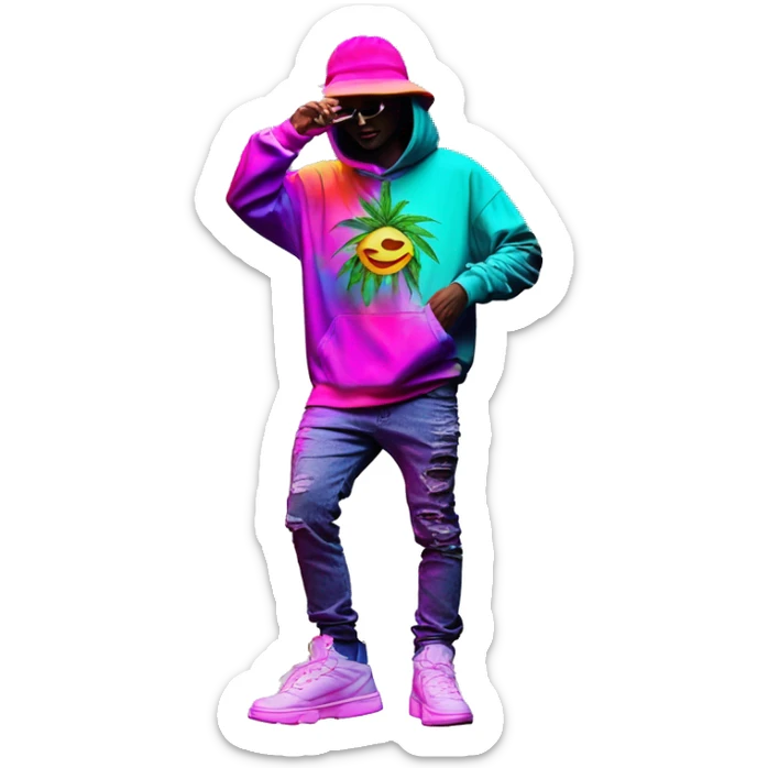 Hemp leaves Multicoloured neon person smoking wearing hoodie dancing hip hop bucket hat tropical Skater fashion aesthetic baggy clothes graphic t shirt 420 sticker