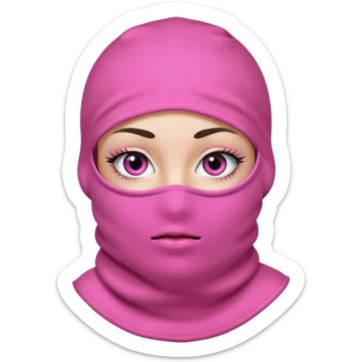 baggy stylish 3 hole balaclava pink in colour with girly eyes showing through the eye holes of the balaclava with beautiful eyelashes on  sticker