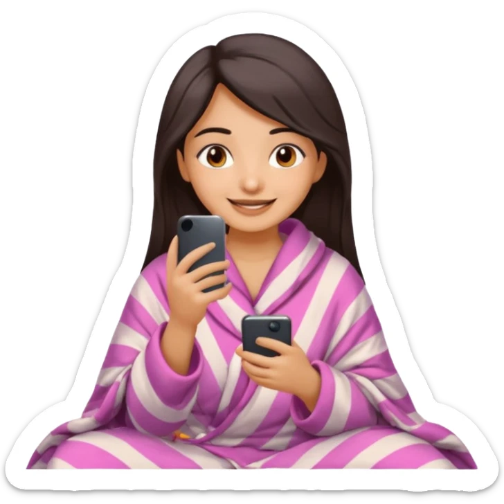 a pretty bratz fair indian girl covered in blanket, wearing pajamas, using phone sticker
