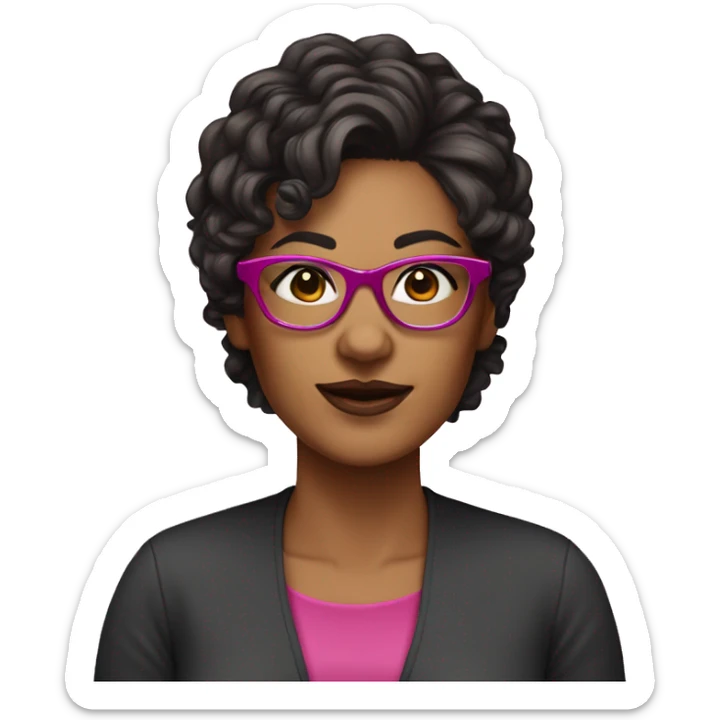 40 years old woman with dark brown long hair ,slidly curly and a yorkie wearing glasses with a dark pink frames  sticker