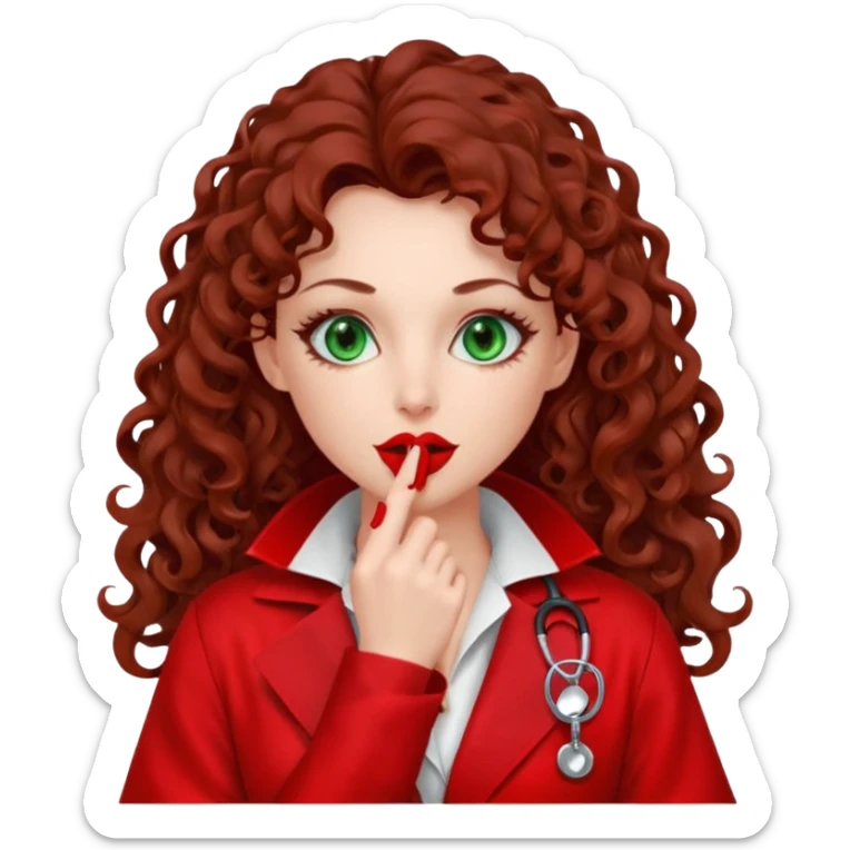 Lilith symbol sexy evil woman. She has green eyes.  had brown long curly hair.  evil surgeon kills with scalpel wears red sexy doctor coat with red mouth cover red gloves. Covers nose, neck  and mouth with red cloth sticker