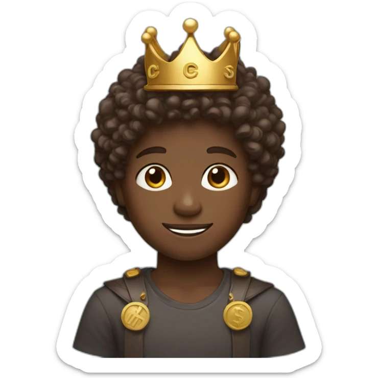 a chocolate skin boy with curly hair, blue eyes and a crown of cryptocurrency sticker