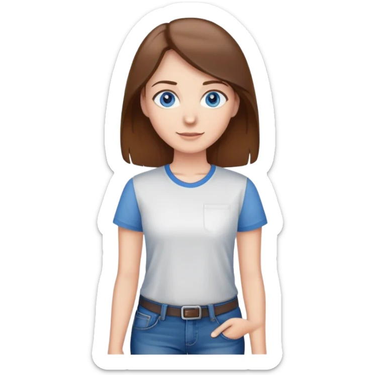 Teacher with brown hair and blue eyes wearing jeans and a te shirt sticker