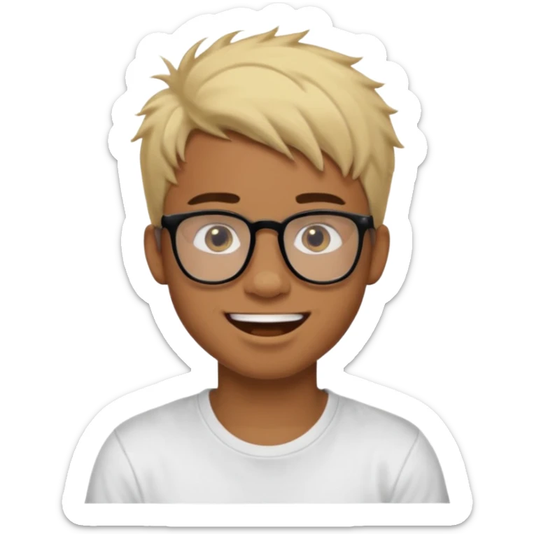 Teenager. Short buzz, messy blonde hair. Dark brown bushy eyebrows large expressive golden-brown eyes, brown skin color, scar over nose, wearing a plain white t-shirt. wearing clear thick black glasses. 20 year old male. laugh facial expression. brown skin color.  sticker