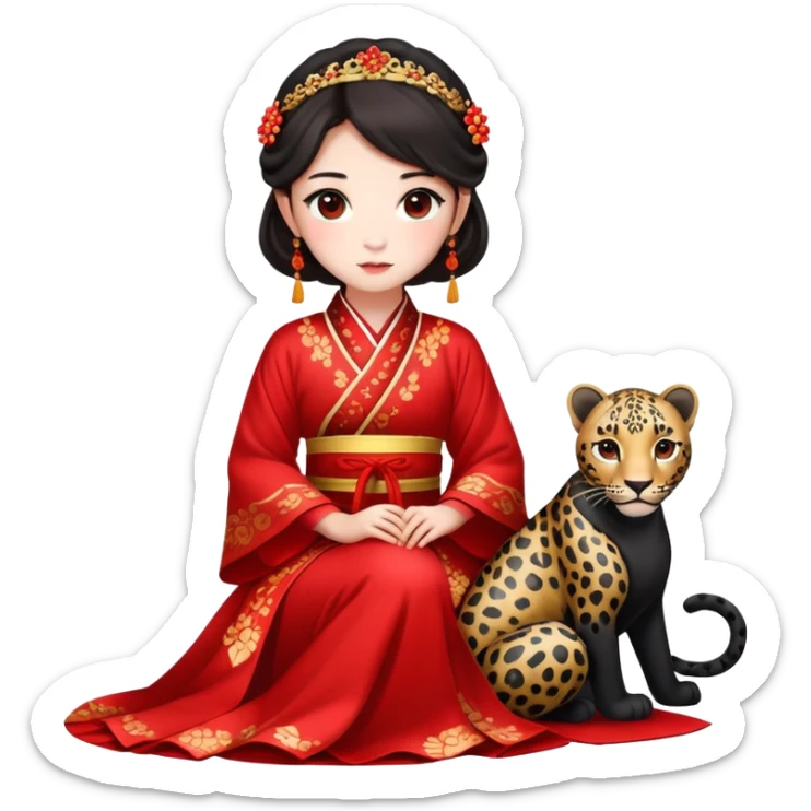 A beautiful girl in red Hanfu wedding dress sits on the ground holding a black leopard sticker