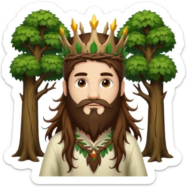 full body man long brown hair brown eyes medium beard white skin forest spirit with root crown sticker