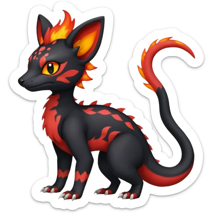 Rare realistic cute gothic Salandit-Litten-Quilava-Genet-species-Fakemon-hybrid-creature, with fiery markings, full body sticker