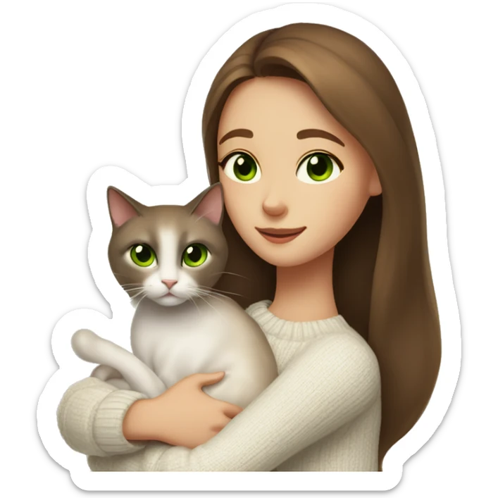 a girl with beautiful long brown hair and brown-green eyes in a white sweater, hugs a Siamese cat. sticker