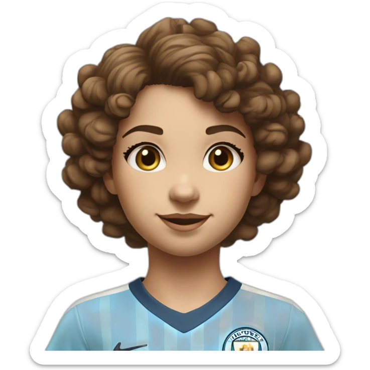 girl with short curly brown hair and eyes wearing Manchester City football shirt, fluro orange soccer boots, number 15, standing with a soccer ball sticker