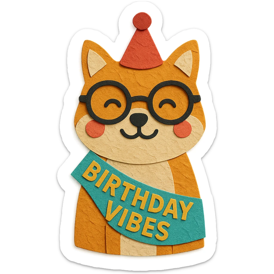 Shiba Inu wearing a "Birthday Vibes" sash and glasses, paper-craft style, transparent background sticker
