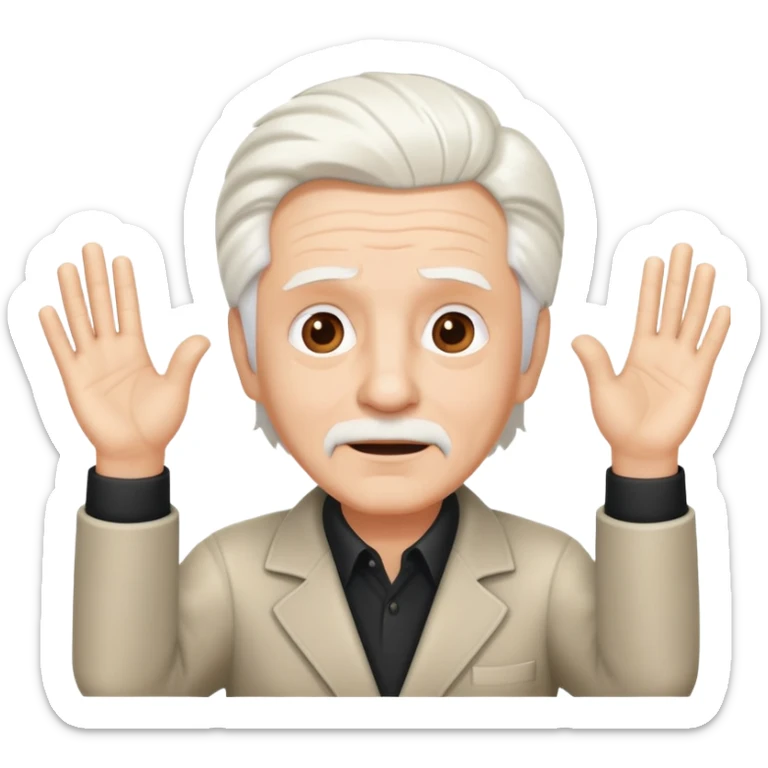 legendary film director with white hair, raising both hands dramatically, expressive face sticker