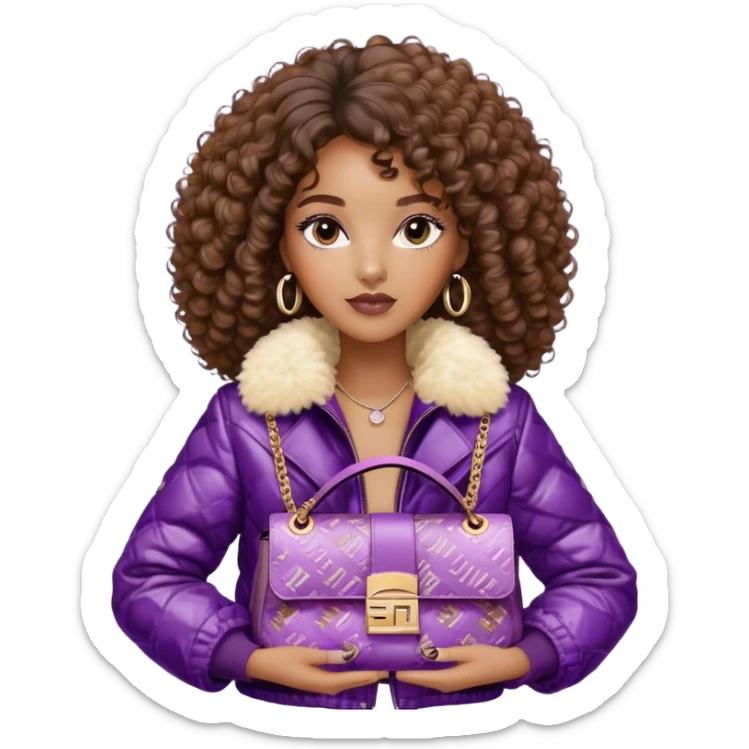 Beautiful black woman with curly hair. She is wearing a brown monogram Fendi jacket with a fur trim. She is carrying a Fendi Baguette
Purple sequined bag. I want the image close up. The jacket is not purple.  sticker