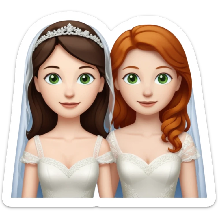 A tall, pale woman with very dark brown hair and green eyes marrying a shorter ginger woman with blue eyes, both in wedding dresses. sticker
