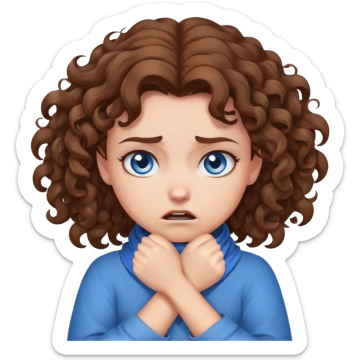 an angry girl with curly brown hair, blue eyes, and fair skin wrapping her hands around her neck sticker