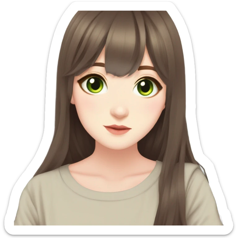 long Brown hair  shorter curtain bangs long layered straight hair  174cm pale skin skinny legend big green eyes Japanese/korean has dimple’s sticker