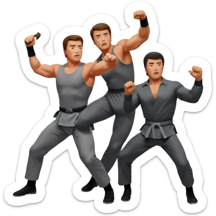 Icon for Action Movies: Collage of photorealistic actors Arnold Schwarzenegger and Sylvester Stallone in iconic action poses, surrounded by explosions, weapons, and martial arts moves. The design should capture the high-energy, dynamic nature of their films. Transparent background. sticker