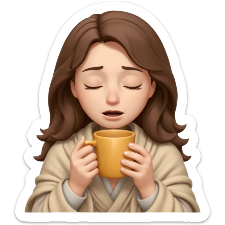 emoji-style illustration of a crying relaxed woman with long wavy brown hair, wrapped in a cozy beige blanket, holding a mug cup, eyes closed, sad and a bit anxious expression, soft 3D cartoon rendering, warm and comforting mood, plain background
 sticker