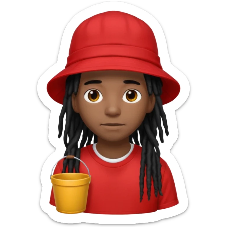 dark brown skin, black hair dreadlocks, wear red t-shirt, black bucket hat sticker