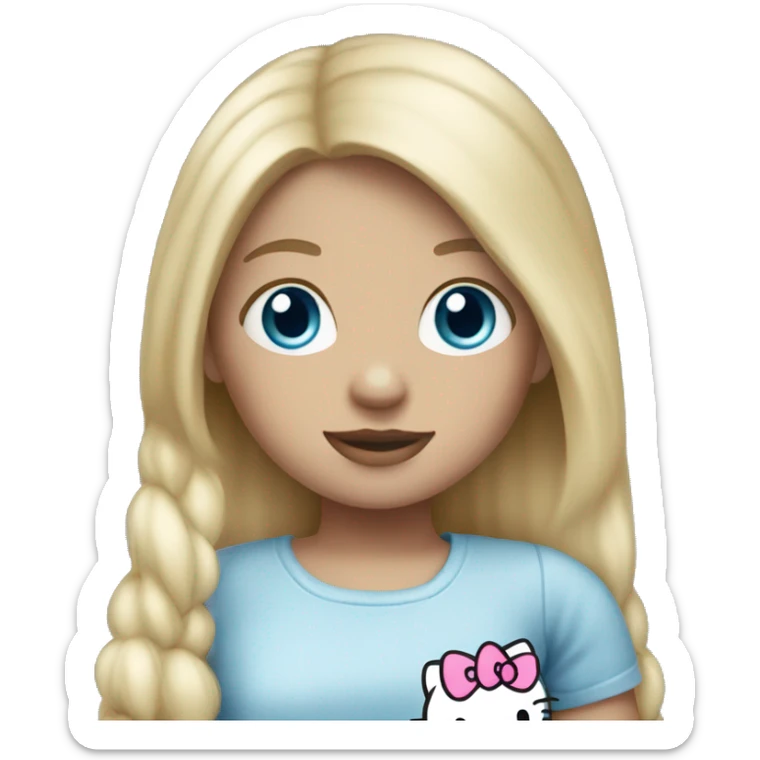 A girl with blonde hair and blue eyes with a hello kitty plush sticker