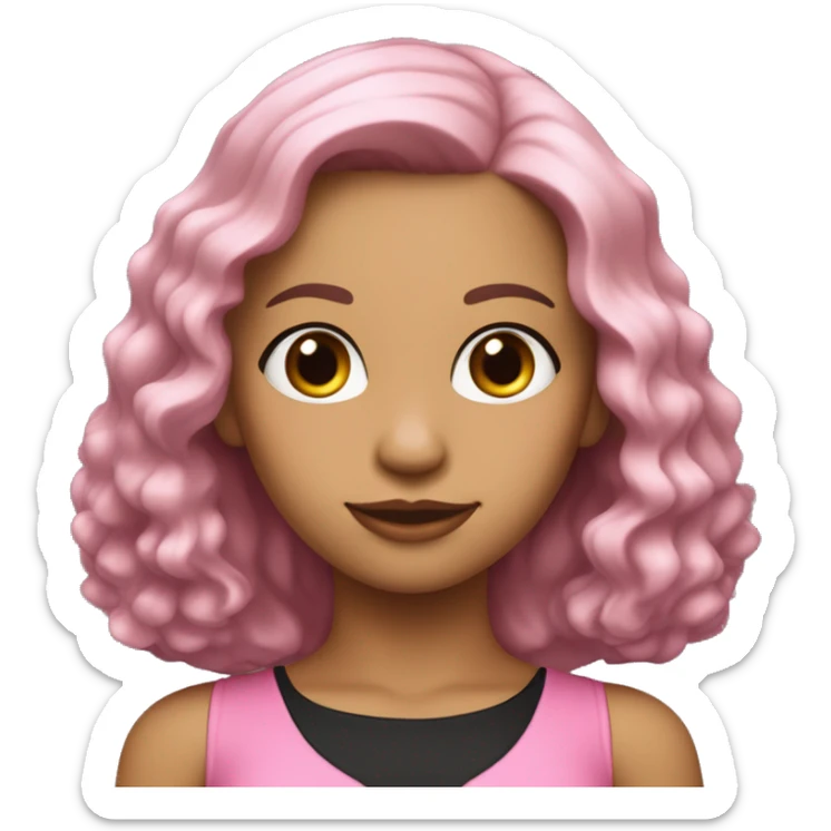 Una chica piel blanca con cabello ondulado negro y largo hasta los hombros, con lindas pestañas y un top rosa sticker