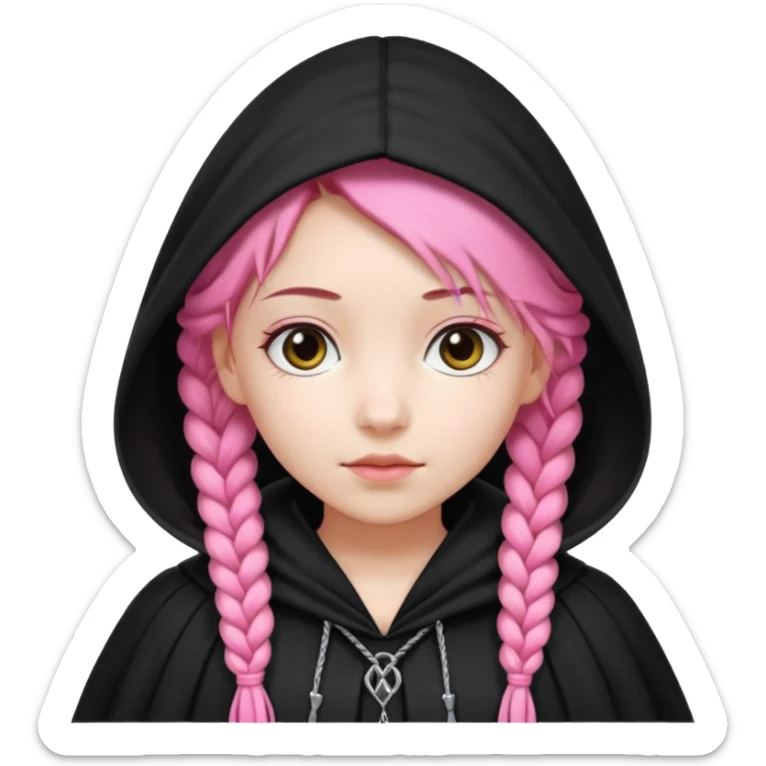 pink braids hair kid girl, white skin, wear black cloak sticker