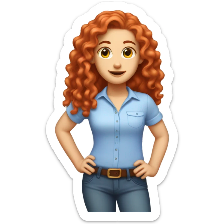 white girl with long red curly hair, wearing a pastel periwinkle shirt doing a pose sticker