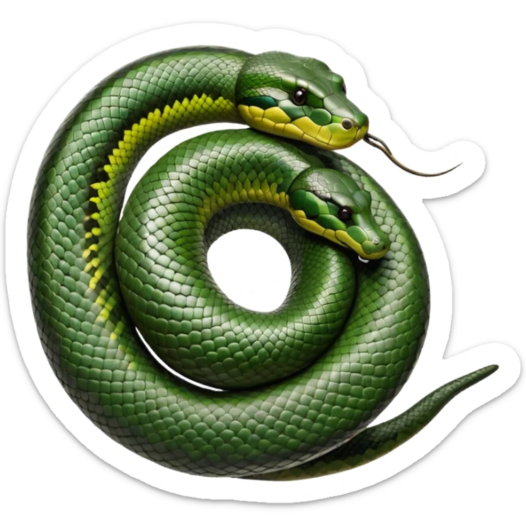 A photo-realistic top-down view of a Green Anaconda tightly coiled in a spiral, with its broad, flat head resting at the center. Its thick, muscular body is olive-green and covered in symmetrical, bold black oval spots that stand out against its smooth scales, creating striking natural camouflage. sticker