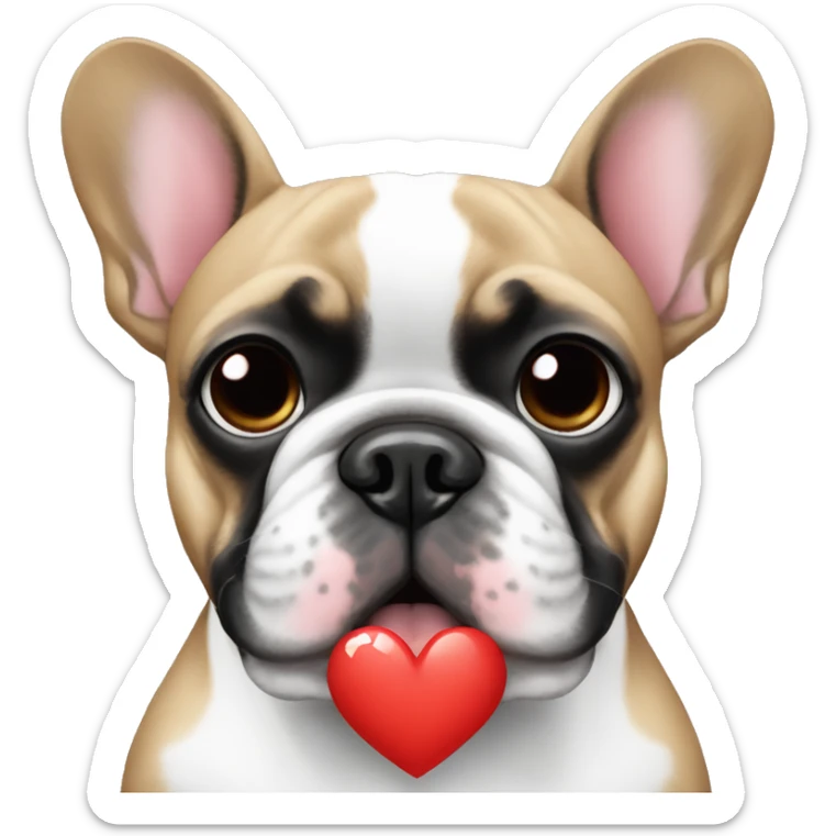 black and white french bulldog face with heart emojis, written "Te Amo" sticker
