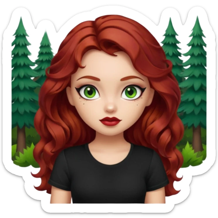 a pretty fair bratz girl with wavy dark red hair, wearing a black tee. eyeliner on, forest green eyes. Waist up sticker
