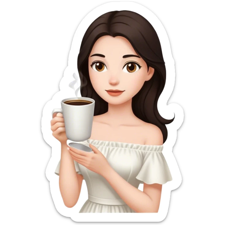 Beautiful woman in 1950’s woman fashion look, off-shoulder white dress, long dark brown hair, coffee sticker