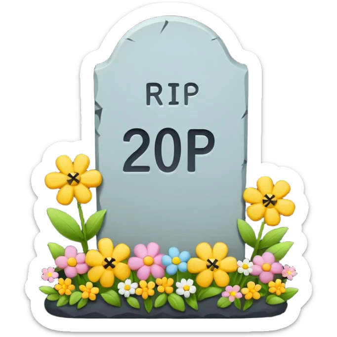 Cute emoji illustration of a tombstone with text "RIP 20’s", small flowers, ironic and playful mood, pastel colors, minimal flat emoji style, clean background, high resolution, suitable for WhatsApp profile and print sticker