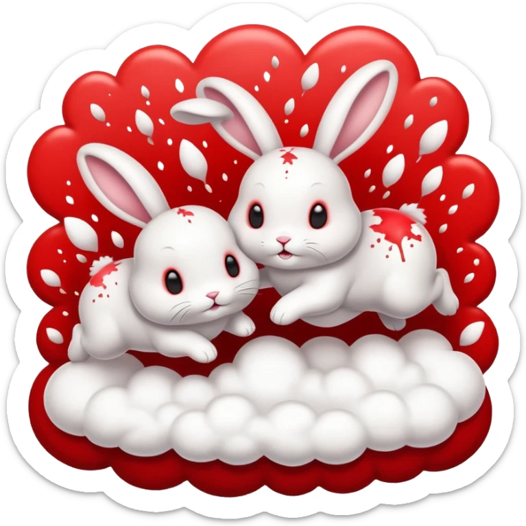 a cute little fluffy bunny is jumping on top of another cute fluffy bunny. the bottom bunny is exploding in a cloud of splatter. similar to the game jump and bump. simplified, minimalistic, emoji style. sticker