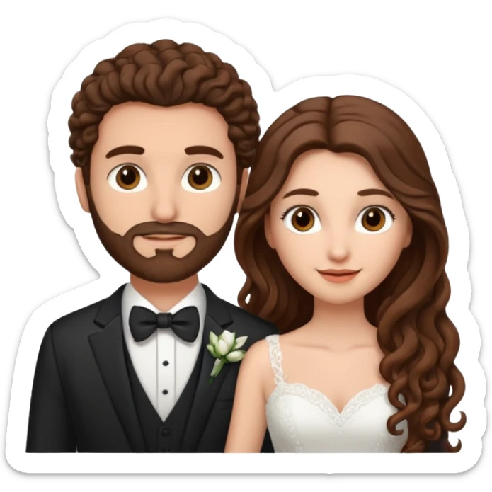 wedding couple woman with long straight brown hair and eyes man with long brown curly hair and facial hair sticker