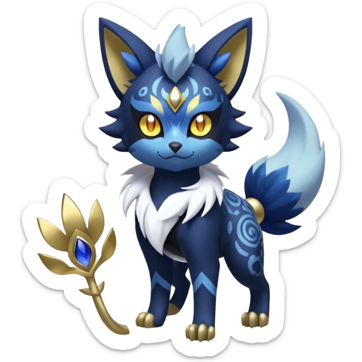 Shiny mExotic Badass Colorfulj Ethereal Royal Mysterious Gothic Meowstic-Zorua-Litten-Noibat-Pokémon-Fakémon-hybrid-creature (full body) with pattern-markings with golden eyes sticker