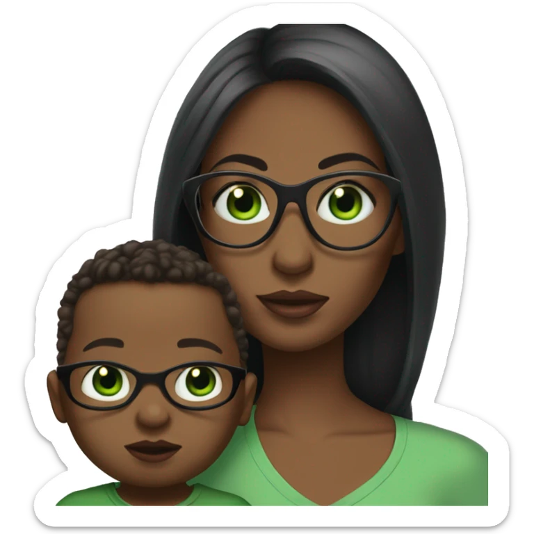 Black not that long straight hair with green eyes and glasses, big lips white girl holding one year old green eyes white baby son sticker