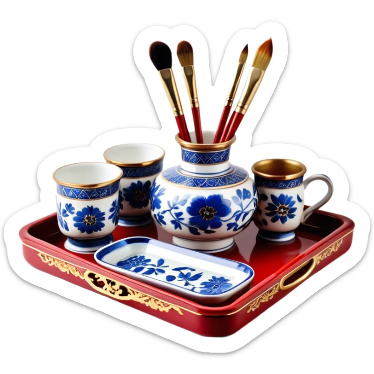 Metal painting icon, a metal vase, tray and metal cup with 3 brushes, each decorated with different techniques: Gzhel-style blue floral patterns, Chinese red and gold designs, and intricate Golden embroidery-style details. Visible fine paintbrush, paint pots, and accessories like porcelain palette, minimalistic style, clean lines, transparent background. sticker