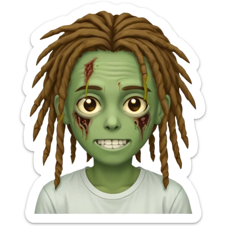 zombie teen with brown dreads covering forehead white tee golden eyes light green skin  and white smile sticker