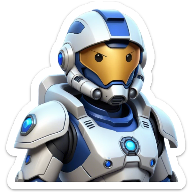 Clash of Clans aesthetic: Cinematic heroic Terran Marine Hero close up Emoji, rendered in a 3D vector-style similar to standard emojis with minimal shading and bold, simplified shapes. A compact, heroic isometric figure clad in futuristic power armor with signature energy accents, softly glowing with a cosmic battle charm. Simplified yet unmistakably iconic, highly detailed and consistent, glowing with a soft radiant shine and high gloss. Stylized with a touch of interstellar valor and a soft glowing outline, capturing the essence of an elite space warrior with a friendly, playful manner! sticker