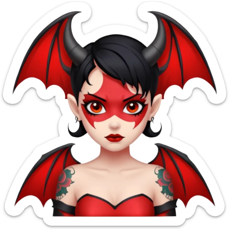 Demon girl: red skin, black hair, small horns, bat wing; tattoo-flash comic style; red/black palette; bold outlines; dark background; no text. sticker