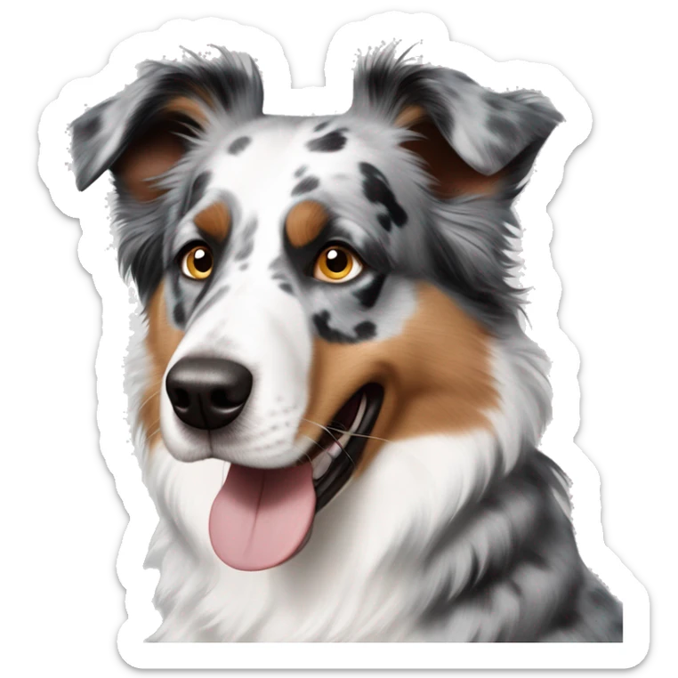 australian shepard dog blue merle with one blue and and one brown eye with gray fur around his eyes and brown till the fur around his nose which is white sticker