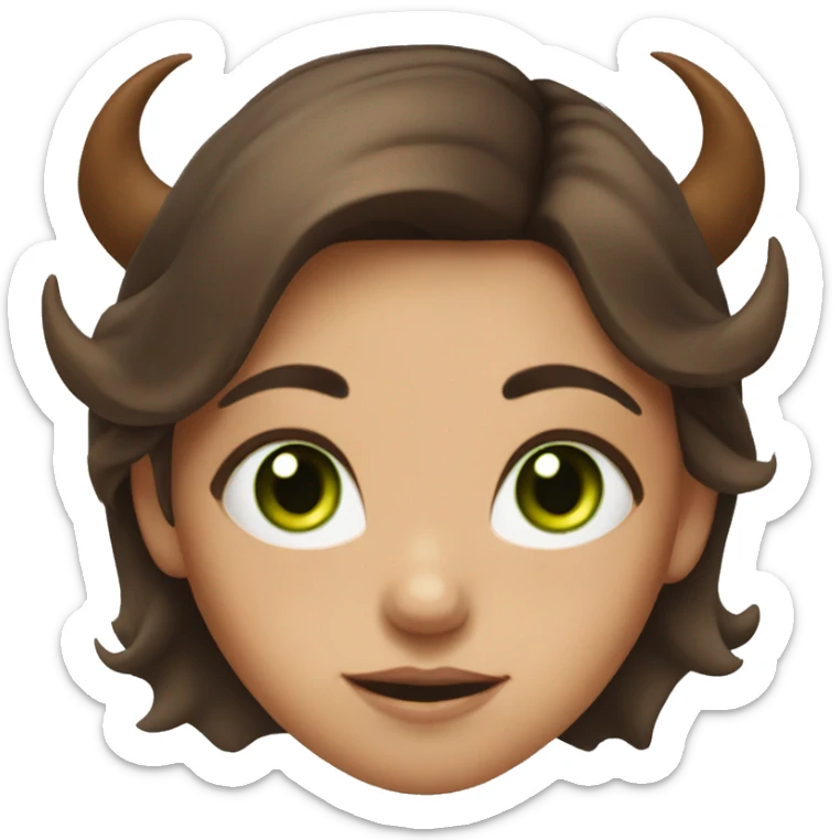 A girl with green eyes and brown hair shows a fac. The girl has demon horns on her head sticker