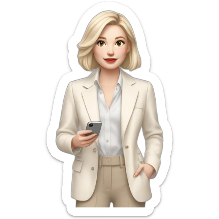 pale skin woman with ash blonde Straightened bob Hair, White Spacious classical jacket, beige palazzo Arrow pants and gray blouse holding white IPhone 14 pro in the hands sticker