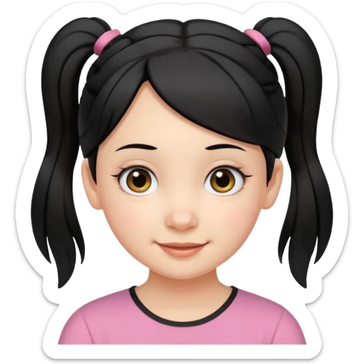 emoji-style portrait of a smiling girl with black hair parted in the middle tied into two small pigtails, round eyes, soft cartoon features, head and upper shoulders, clean lines, minimal white background, vibrant and simple sticker