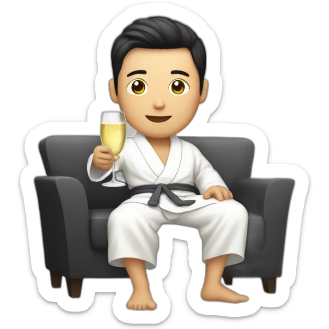 A Korean man in a bathrobe on the sofa with a glass of champagne sticker