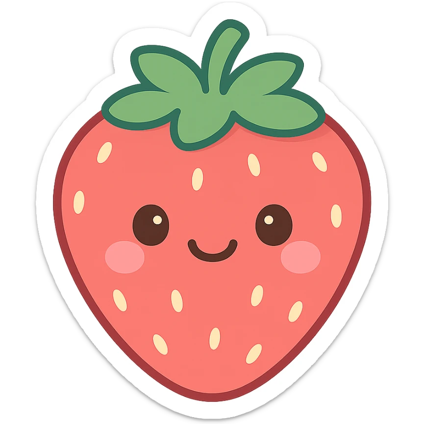 A series of illustrations stawberry in a kawaii emoji style, with detailed shading and highlights, thin clean outlines, soft and rounded features. Pastel color palette using  #FF5B5B, #CE4C4C,#CE4C4CThe style is inspired by modern Japanese pop art and sticker aesthetics. Highly detailed, vector clarity, soft lighting and subtle shadows. Transparent background without background. sticker