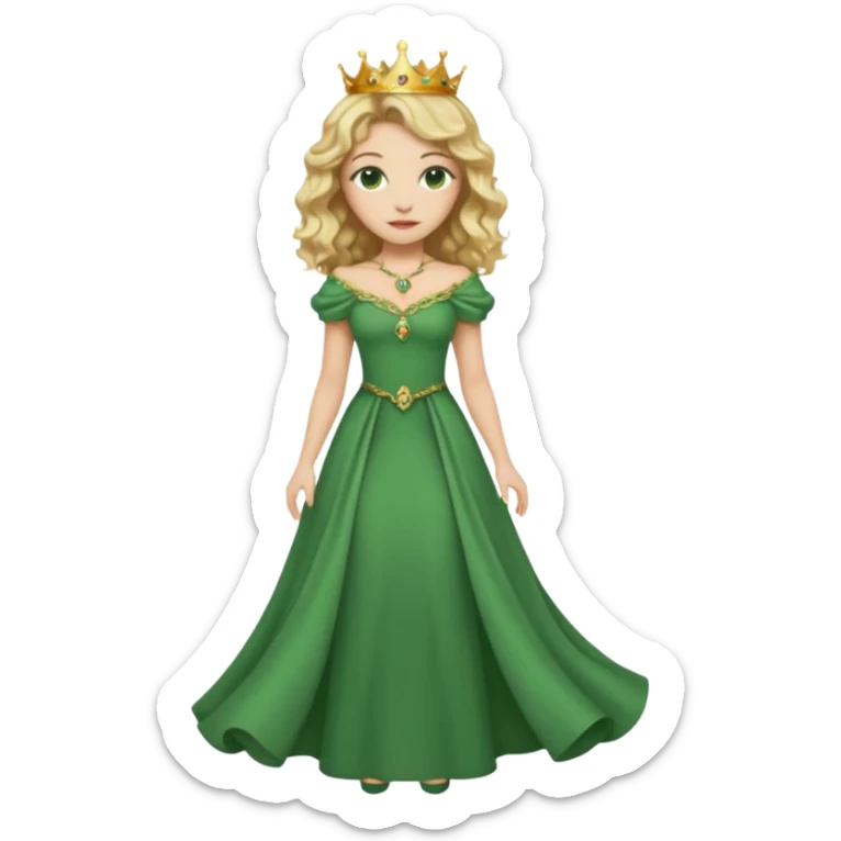 Queen, crown, blonde wavy hair, green eyes, long green narrpw dress, whole Body, sticker