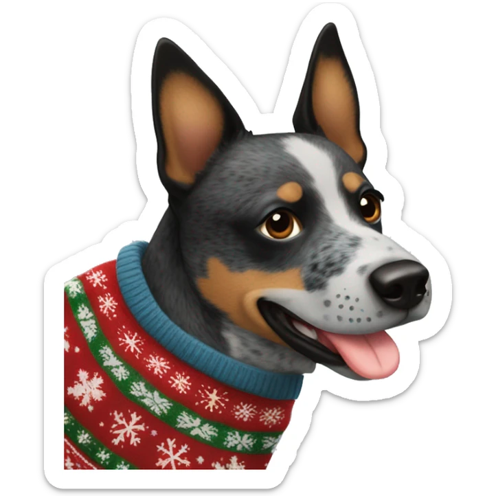Queensland blue heeler with black and brown patch on side of face in a Christmas sweater  sticker